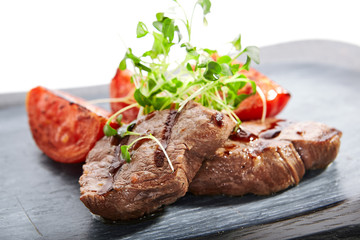 Poster - Grilled marbled beef with tomatoes top view