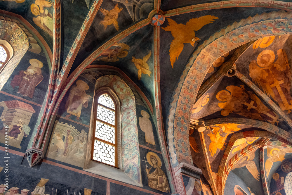 Lublin, Poland - Medieval frescoes and architecture inside the Holy Trinity Chapel within Lublin Castle royal fortress in historic old town quarter - obrazy, fototapety, plakaty 