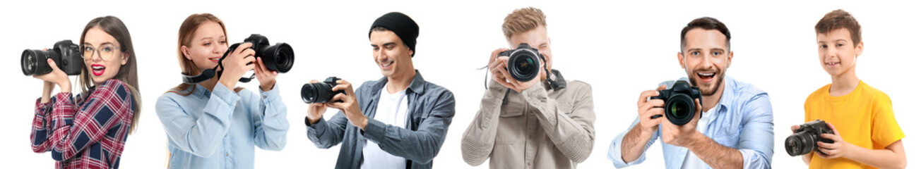 Wall Mural - Young photographers on white background