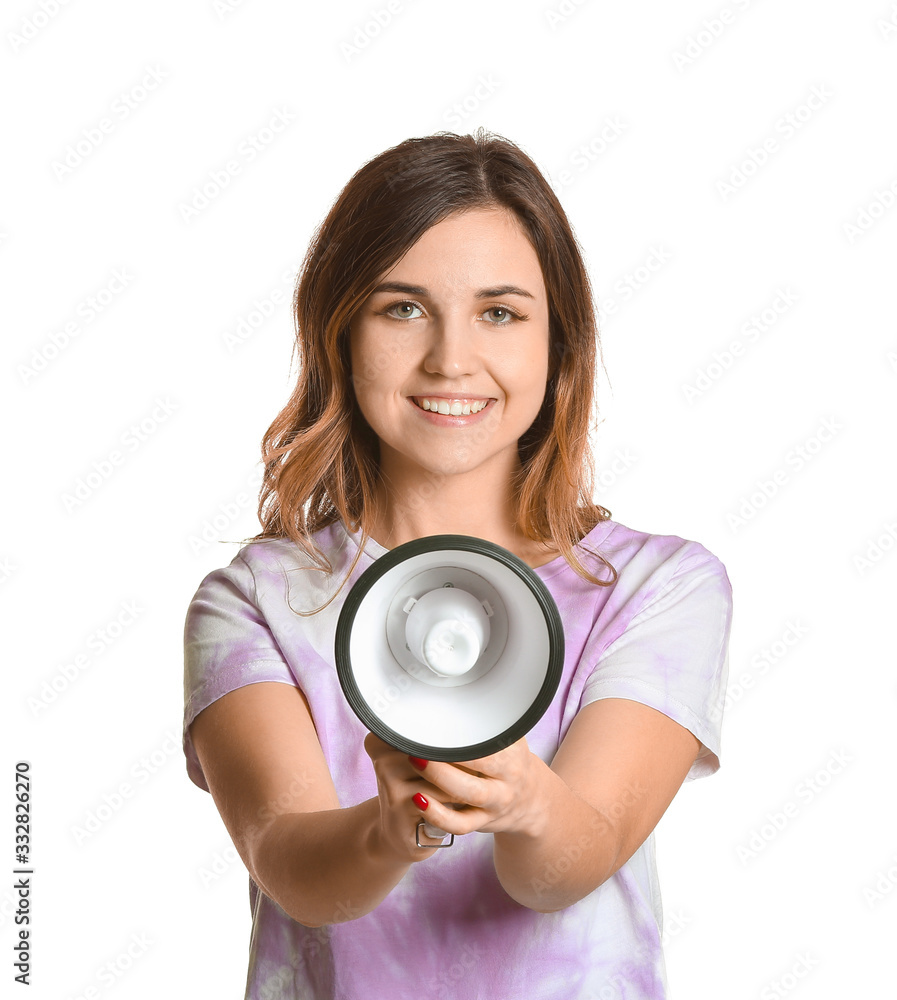 Young woman with megaphone on white background