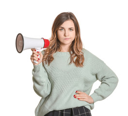 Young woman with megaphone on white background