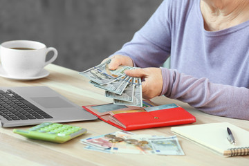 Poster - Senior woman counting money at home