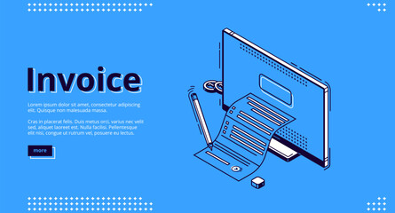 Invoice isometric landing page. Large bill for tax or service payment coming out of computer desktop screen. Shopping, banking, accounting paycheck, smart technologies 3d vector line art web banner