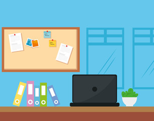 Canvas Print - workplace scene with laptop and icons vector illustration design