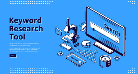 Wall Mural - long tail keyword isometric landing page. seo research tool curve graph and browser on pc desktop co
