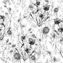 Watercolor Seamless Background Floral Pattern. Grass And Plant Flowers, Burdock, Thistle, Alga, Poppy, Wild Herbs. Floral Pattern, Illustration Is Made Of Hand-made In Clipart Graphics Colors.
