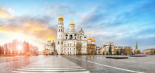 Panorama Of Cathedral Square Kremlin, Moscow, Russia. Assumption Cathedral, The Church Of Twelve Apostles, Faceted Chamber, Annunciation Cathedral And Ivan The Great Bell Tower At Sunset