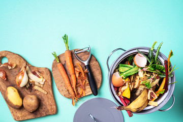 Wall Mural - Garbage sorting. Organic food waste from vegetable ready for recycling in compost bin on blue backgrond. Top view. Sustainable and zero waste living. Environmentally responsible behavior, ecology