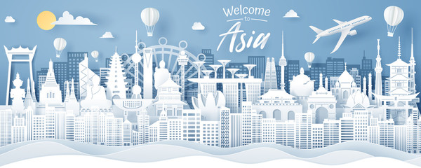 paper cut of asia landmark, thailand, singapore, japan, india, korea, china and hong kong. asia trav
