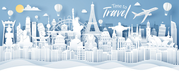 paper cut of world travel, time to travel and tourism concept.