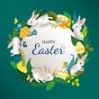 © MySunShine - Happy Easter round banner with rabbits, eggs, leaves, flowers, butterflies. Cute easter card with white hares on bright blue background. For festive invitation, design elements. Vector illustration.