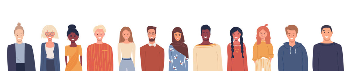 Vector illustration in flat style. Global society. Happy smiling people of different nationalities, cultures isolated on white. Multiethnic group of people. White empty place for text