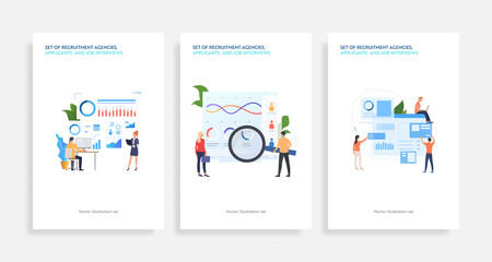 Wall Mural - Set of recruitment agencies, applicants and job interviews. Flat vector illustrations of people studying candidates profiles. Hr, employment concept for banner, website design or landing web page