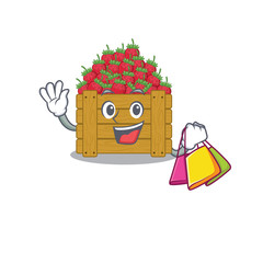 Canvas Print - Happy rich strawberry fruit box mascot design waving and holding Shopping bag