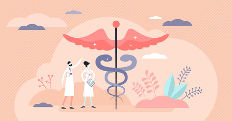 Wall Mural - Health care vector illustration. Caduceus and doctors tiny persons concept.