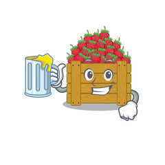 Wall Mural - Cheerful strawberry fruit box mascot design with a glass of beer