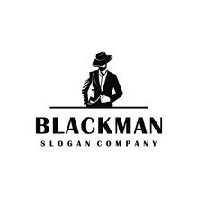 Black Man Logo Design. Awesome Man Logo. A Man With Suit And Hat Logotype.