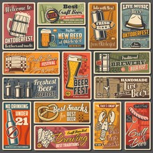 Beer Alcohol Drink Retro Posters Of Bar, Pub And Oktoberfest Beverage Vector Design. Glasses And Mugs With Foam, Pint, Bottles And Brewery Barrels Of Craft Lager Or Ale, Hops, Malt, Barley And Wheat