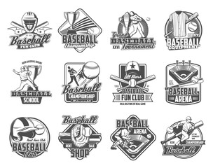 Wall Mural - Baseball sport ball, bat and trophy cup vector badges. Player on sporting arena with glove or mitt, team uniform jersey, cap and play field, catcher helmet, mask and leg pad monochrome icons design