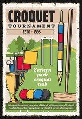 Wall Mural - Croquet sport game equipment on green court vector poster of sport tournament. Croquet balls, mallet and wickets, champion trophy cup, scoring post and corner flags on play field, sporting competition