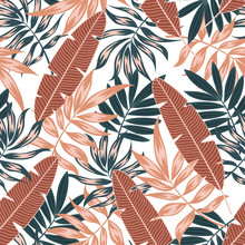 Trend Tropical Pattern. Seamless Background With Brown Leaves And Plants. Illustration In Hawaiian Style. Jungle Leaves. Vector Background For Various Surface. Exotic Wallpaper.