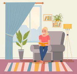 Wall Mural - Happy young woman is relaxing on comfortable chair and reading book. Vector flat illustration