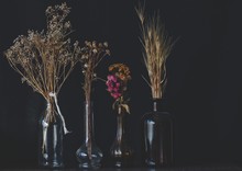 Hand Picked, Dried Flower Arrangement Against Black Background. Dark, Abstract Image Of Four Old, Vintage, Antique Glass Bottles And Jars With Dried Wild Flowers In Them. Baby's Breath Chamomile Rose