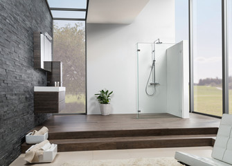 A bathroom with a modern walk in shower on a Podest surrounded by windows in open clear atmosphere.