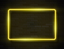 Neon Glowing Rectangle Frame For Banner On Dark Empty Grunge Brick Background