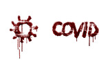 Fototapeta Młodzieżowe - Corona virus symbols. Blood drips made on the brick wall with graffiti spray. COVID- 19 isolated on white, medical illustration