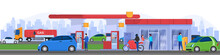 Gas Station In City, People Refueling Cars, Vector Illustration. City Traffic, Man In Uniform Fueling Car At Petrol Station, Customer Paying For Service. People Using Gas Pump, Charging Electric Car