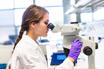 Woman doctor in laboratory sitting at microscope