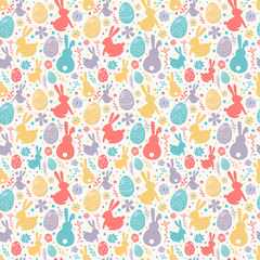 Wall Mural - easter concept with colourful eggs, bunnies and flowers. seamless pattern. vector