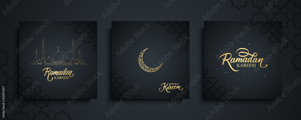 Ramadan Kareem celebrate cards set. Ramadan islamic holiday invitations templates collection with gold crescent moon, hand drawn lettering and mosque. Vector illustration. - obrazy, fototapety, plakaty 