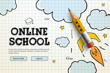 online school. digital internet tutorials and courses, online education, e-learning. web banner temp