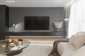 3d interior of a modern grey living room with tv systerm