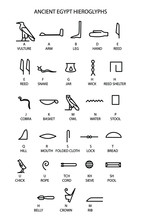 Ancient Mystic Egyptian Symbols. Vector Isolated Editable Black Icons On White Background. Egyptian Paganism. Ancient Egyptian Religion. Hieroglyph. Magic Amulets. Mystic Talisman.