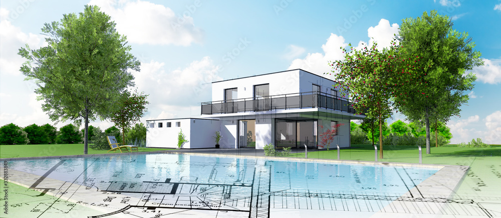 Esquisse d'une belle maison d'architecte moderne avec piscine et jardin - obrazy, fototapety, plakaty 