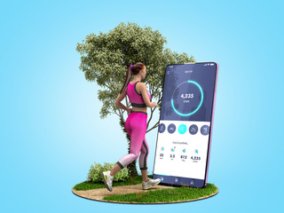 Wall Mural - fitness app concept girl runs on nature looking into the phone screen 3d render on blue gradient