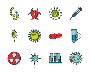 Isolated virus line and fill style icon set vector design