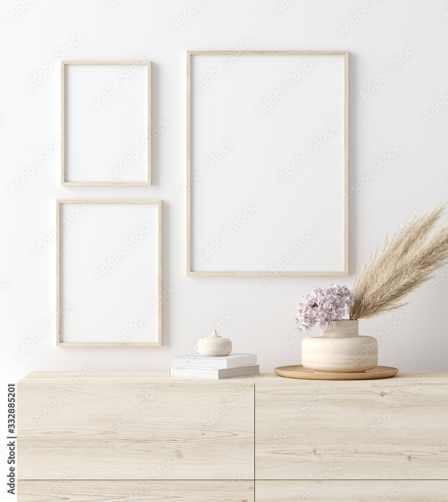 Mock up frame in coastal home interior background, room with natural wooden furniture and dry plants, 3d render - obrazy, fototapety, plakaty 