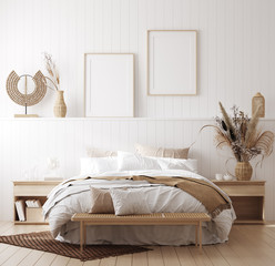 Mock up frame in cozy home interior background, coastal style bedroom, 3d render