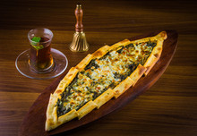 Traditional Autyhentic Turkish Lunch Or Dinner: Kebab With Rice And Vegetables, Spinach And Egg Pide, Pita Flat Bread And Puff Hot Lavash Or Lavas Homebaked Specialty