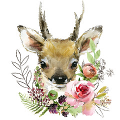 Wall Mural - cute watercolor cartoon fawn. forest deer. wild animal illustration.