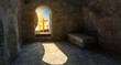 He is Risen. Empty Tomb. Crucifixion at Sunrise. -3d rendering. - Illustration.