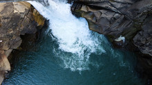 Waterfall Top Down View. Top View Of The Stream, Water Flows Over The Stones. Rocky Mountain Waterfall. Aerial Landscape Mountain Rocky Cascade River Stream Natural Scenic Background Picture