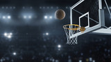 Fototapeta Sport - 3d render Basketball hit the basket in slow motion on the background of flashes of cameras