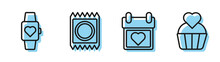 Set Line Calendar With Heart, Heart In The Center Wrist Watch, Condom In Package And Wedding Cake With Heart Icon. Vector