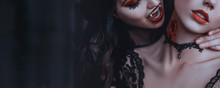 Artwork Close Up Portrait Evil Medieval Vampire Woman Bites Tender Cute Girl Princess. Drop Blood Red Sexy Lips. Bloody Scary Wound Bite On Neck. Woman's Vampire Mouth Teeth Fangs. Horror Bloddy Kiss