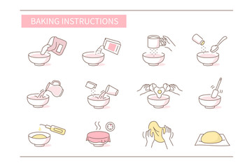 Instruction How to Prepare and Cook Dough for Bakery. Baking Ingredients and Food Preparation Symbols. Dough Flour Recipe. Flat Vector Illustration and Icons set.